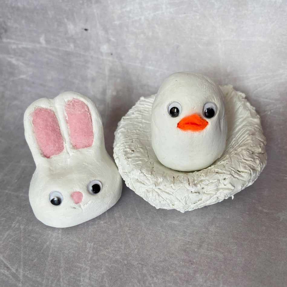 easter craft workshop - make clay animals with pom stitch tassel. A clay bunny and chick on nest unpainted.