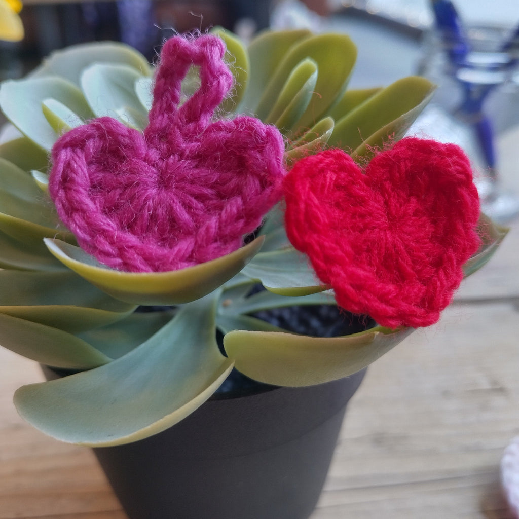 crochet hearts in plant