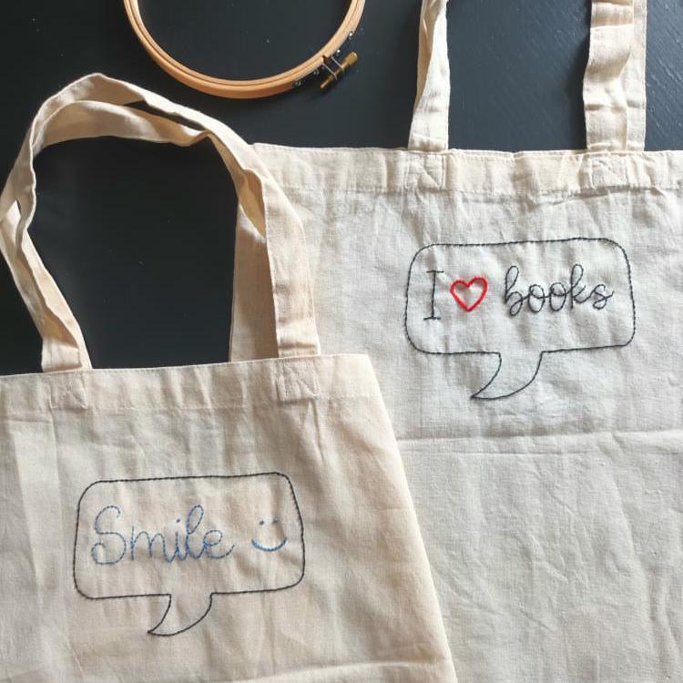 sip & stitch - adult beginners embroidery workshops - tote bag with Designs and threads