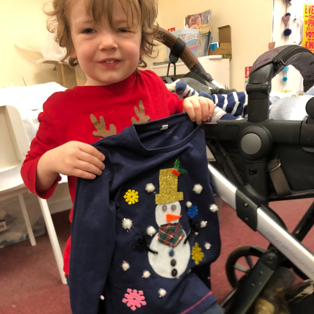 snowman christmas jumper in navy with pom pom snowballs.