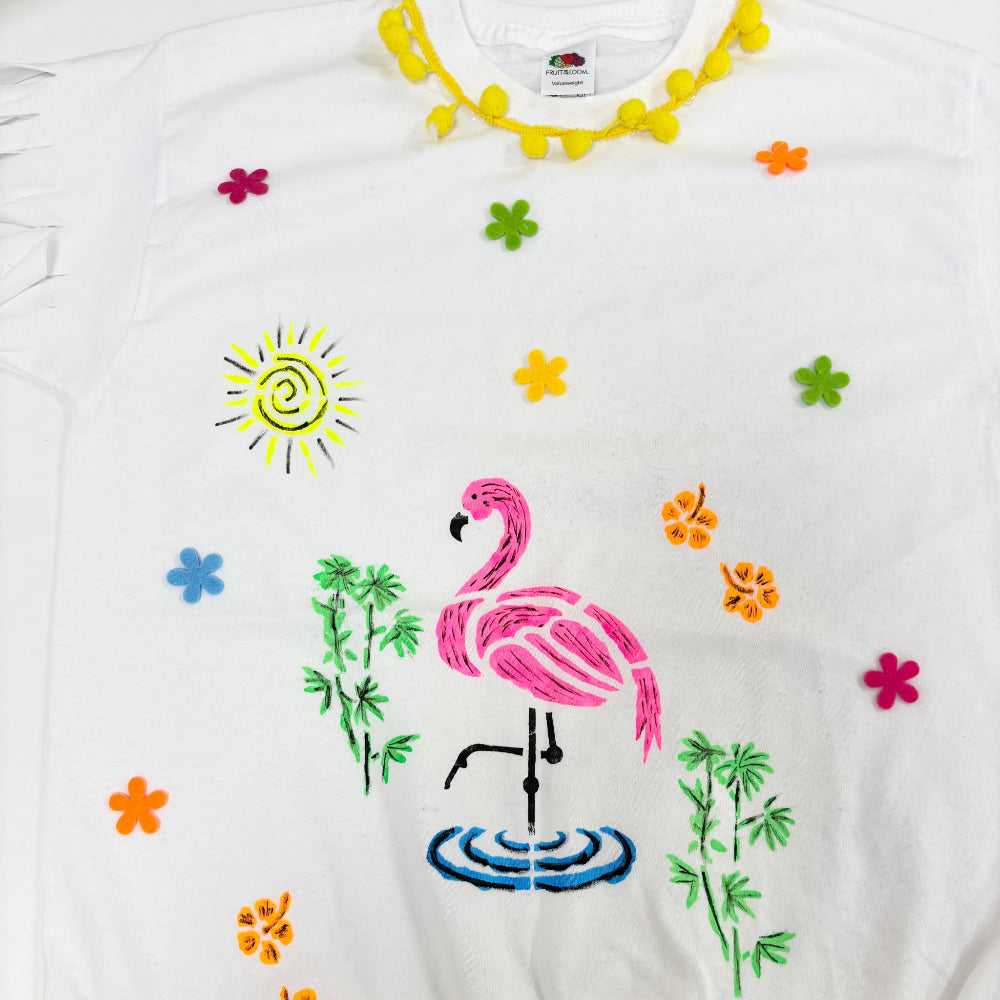 print on tshirt at summer festival - flowers, flamingo, palm tree and pom trim
